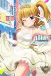  1girl alternative_girls bare_shoulders blonde_hair building city closed_mouth confetti crown_hair_ornament dress eyebrows_visible_through_hair gloves highres looking_at_viewer mizushima_airi official_art one_eye_closed outdoors purple_eyes road side_ponytail smile solo street v wedding_dress white_gloves yellow_dress 