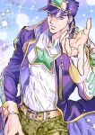  1boy blue_eyes hat highres jojo_no_kimyou_na_bouken kujo_jotaro long_coat nitako pointing purple_hair snake_print solo star_(sky) star_(symbol) stone_ocean 