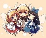  3girls :d ;) bangs black_footwear black_hair blonde_hair blue_bow blue_dress blunt_bangs bow brown_eyes closed_mouth dress drill_locks eyebrows_visible_through_hair fairy_wings fang full_body hair_bow headdress hime_cut juliet_sleeves long_hair long_sleeves looking_at_viewer luna_child matatabi_(nigatsu) multiple_girls one_eye_closed open_mouth orange_background orange_hair puffy_sleeves purple_eyes red_dress red_eyes short_hair smile star_sapphire sunny_milk touhou two_side_up white_dress white_headwear wide_sleeves wings 