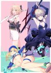  3girls ahoge aqua_background armpits arms_up artoria_pendragon_(fate) bare_shoulders bikini black_bow blonde_hair blue_eyes blue_headwear blush bow breasts cleavage_cutout clothing_cutout covered_navel dango detached_sleeves dress eating excalibur_morgan_(fate) fate/grand_order fate_(series) food from_below from_side garter_straps hair_bow henken highres japanese_clothes katana kimono looking_at_viewer medium_breasts multicolored_background multicolored_hair multiple_girls mysterious_heroine_xx_(fate) navel obi okita_souji_(fate) pink_background ponytail purple_background saber_alter sandals sash short_kimono shrug_(clothing) skindentation sleeveless sleeveless_kimono smile swimsuit sword thigh_strap thighhighs wagashi weapon white_bikini wind wind_lift yellow_eyes 