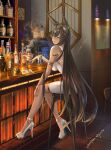  1girl alcohol animal_ear_fluff animal_ears ark_order armband ashtray bangs bar bar_stool bare_shoulders bracelet breasts brown_hair chinese_commentary cocktail_glass counter crossed_bangs cup dark-skinned_female dark_skin dress drinking_glass ear_piercing eyebrows_visible_through_hair full_body gem gold_choker golden_miocola hair_between_eyes hair_ornament high_heels highres jewelry knees_together_feet_apart liquor long_hair looking_back piercing pumps refrigerator shelf sideboob signature sitting slit_pupils solo stool strappy_heels very_long_hair white_dress yellow_eyes 
