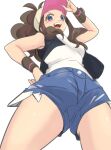  1girl bare_legs black_jacket blue_eyes brown_hair chorimokki denim denim_shorts from_below hat hilda_(pokemon) jacket pokemon pokemon_(game) pokemon_bw shirt shorts simple_background smile solo solo_focus white_background white_shirt 