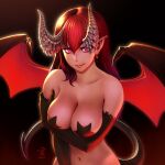  1girl areolae arm_under_breasts backlighting bangs bare_shoulders black_background black_gloves black_wings breast_hold breasts closed_mouth collarbone commentary_request demon_girl demon_horns demon_tail demon_wings dragon_horns earrings elbow_gloves gloves hair_between_eyes hand_on_own_arm highres horiishi_horuto horns jewelry large_breasts lips looking_at_viewer navel original pasties pointy_ears purple_eyes red_hair red_wings simple_background smirk star_pasties straight_hair tail upper_body wings 