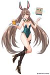  1girl :o animal_ears asymmetrical_legwear bangs bare_arms beer_mug black_footwear black_legwear blush boots bow bowtie breasts brown_eyes brown_hair cleavage cup detached_collar fake_animal_ears fake_tail friend_(nanashi_mumei) full_body green_leotard hair_ornament hairclip high_heel_boots high_heels highres holding holding_tray hololive hololive_english leotard long_hair looking_at_viewer medium_breasts mug nail_polish nanashi_mumei open_mouth playboy_bunny rabbit_ears rabbit_tail seraphim_throne simple_background sleeveless strapless strapless_leotard tail thigh_strap thighhighs tray twintails twitter_username very_long_hair virtual_youtuber white_background yellow_bow yellow_bowtie 