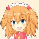 1girl bangs blue_eyes eyebrows_visible_through_hair fang headdress loli_danshaku looking_at_viewer neckerchief open_mouth orange_hair outline portrait short_hair simple_background smile solo sunny_milk touhou two_side_up white_outline yellow_background yellow_neckerchief 