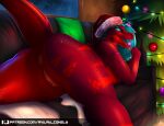  anthro anus avilay_conely butt candy christmas christmas_clothing christmas_headwear clothed clothing dessert dinosaur dromaeosaurid female food furniture genitals hat headgear headwear hi_res holidays karely_raptor_a pussy reptile santa_hat scalie sofa solo theropod 