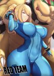  1boy 1girl aster_crowley bangs blonde_hair blue_bodysuit blue_eyes blush bodysuit bowser breasts covered_navel highres large_breasts licking_lips long_hair looking_at_viewer mario_(series) metroid paralyzer ponytail samus_aran skin_tight super_smash_bros. swept_bangs thighs tongue tongue_out zero_suit 