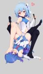  2girls absurdres ahoge bare_shoulders barefoot between_legs bili_girl_22 bili_girl_33 bilibili_douga black_legwear blue_hair blue_skirt blush breasts chashuwu check_commentary chinese_commentary closed_mouth commentary_request covering covering_crotch detached_sleeves foot_on_head grey_background hair_ornament heart highres legs_over_head legs_up light_blue_hair long_hair medium_breasts midriff multiple_girls navel necktie no_shoes one_eye_closed one_side_up pleated_skirt red_eyes shoes short_hair shorts sideboob simple_background single_bare_leg single_shoe single_thighhigh skirt skirt_tug small_breasts smile thighhighs upside-down white_shorts yuri 