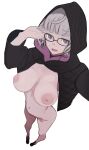  1girl absurdres bangs black_jacket blue_eyes bottomless breasts cropped_jacket fate/grand_order fate_(series) foreshortening glasses grey_hair highres hood hood_up inverted_nipples jacket jacques_de_molay_(foreigner)_(fate) large_breasts looking_at_viewer navel nipples open_mouth puffy_nipples short_hair smile solo wr_(karakusa_senbei) 