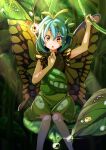  1girl antennae aqua_hair bare_legs blush dew_drop dress edaman eternity_larva eyebrows_visible_through_hair feet_out_of_frame green_dress hair_between_eyes leaf leaf_on_head multicolored_clothes multicolored_dress open_mouth orange_eyes short_hair short_sleeves single_strap sitting solo touhou water_drop 