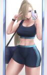  1girl absurdres asuna_(blue_archive) bangs blue_archive blue_eyes blush breasts eko.art hair_over_one_eye highres large_breasts light_brown_hair long_hair looking_at_viewer short_shorts shorts sports_bra thighs 
