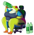  amphibian anthro beverage big_breasts big_butt breasts butt clothing drinking female frog gaming_chair hi_res mackbeard3 orange_toes overweight overweight_female red_eyes shirt soda soda_bottle solo tank_top topwear tree_frog 