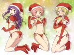  3girls :d back bangs bikini blonde_hair blush boots border breasts capelet christmas commentary elbow_gloves eyebrows_visible_through_hair floating front-tie_bikini front-tie_top frown fur-trimmed_capelet fur_trim gloves hair_over_shoulder hair_tie halterneck hand_on_own_arm hand_on_own_thigh hat hinata_yukari ichii_yui leg_up long_hair low_twintails medium_breasts medium_hair mel_(melty_pot) multiple_girls navel nonohara_yuzuko pink_eyes pink_hair purple_eyes purple_hair red_bikini red_capelet red_footwear red_gloves santa_bikini santa_boots santa_gloves santa_hat shadow short_hair side-tie_bikini small_breasts smile sweatdrop swimsuit twintails yellow_border yellow_eyes yuyushiki 
