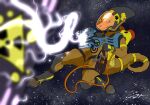  anthro clothing floating gravity_gun hi_res kobold male orange_clothing radiation_symbol scaliepunk solo space spacesuit symbol 