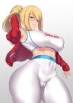  1girl aster_crowley bangs bare_shoulders blonde_hair blue_eyes blush breasts covered_navel high-waist_pants highres jacket large_breasts long_hair long_sleeves looking_at_viewer metroid open_clothes open_jacket pants ponytail red_jacket samus_aran sports_bra super_smash_bros. swept_bangs thighs tight tight_pants white_sports_bra yoga_pants 