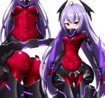  1girl absurdres ahoge ass ass_visible_through_thighs bangs bodysuit breasts cameltoe covered_nipples entenca expressionless eyebrows_visible_through_hair headgear highres long_hair looking_at_viewer medium_breasts multiple_views navel phantasy_star phantasy_star_online_2 purple_hair red_eyes sidelocks very_long_hair zelsius 