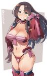 1girl armor bikini blush breasts brown_hair cameltoe choker cleavage commission date_shigezane geso_smith gloves green_eyes hair_ornament hand_in_hair hand_on_hip highleg highleg_bikini highres kyoukaisenjou_no_horizon large_breasts long_hair mecha_musume simple_background skeb_commission smile solo striped striped_bikini swimsuit twitter_username two-tone_background 
