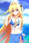  1girl bikini blonde_hair blue_bikini blue_sky breasts cleavage cloud commentary_request cowboy_shot front-tie_top highres konjiki_no_yami long_hair looking_at_viewer medium_breasts red_eyes sarong sky smile solo swimsuit to_love-ru two_side_up very_long_hair yuyayomi 