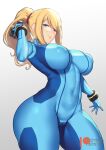  1girl aster_crowley bangs blonde_hair blue_bodysuit blue_eyes blush bodysuit breasts covered_navel highres large_breasts long_hair looking_at_viewer metroid paralyzer ponytail samus_aran skin_tight super_smash_bros. swept_bangs thighs zero_suit 