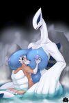  absurd_res anthro big_breasts blackfox85 breasts canid canine duo embrace female fox gin_(blackfox85) hand_on_back hand_on_breast hand_on_nipple hi_res hot_spring hug huge_breasts larger_female legendary_pok&eacute;mon lugia male mammal nintendo pok&eacute;mon pok&eacute;mon_(species) rock size_difference smaller_male video_games water 