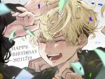  1boy :d ^_^ black_hair black_jacket blonde_hair closed_eyes confetti dated earrings hand_on_another&#039;s_head hands_up happy_birthday highres jacket jewelry long_sleeves matsuno_chifuyu mumei_(329aki) open_mouth portrait short_hair simple_background single_earring smile solo_focus tokyo_revengers undercut white_background 