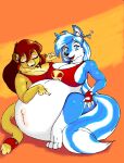  2015 anthro belly big_belly big_breasts blue_body blue_eyes blue_hair breasts brown_hair canid canine canis clothed clothing daisy_(schrocatboy) danellz digital_media_(artwork) domestic_dog dress ear_piercing ear_ring eyes_closed felid female fingerless_gloves fur gloved gloves hair handwear husky hyper hyper_belly jewelry kathy_(danellz) lion mammal multicolored_body multicolored_fur nordic_sled_dog open_mouth pantherine piercing red_clothing red_dress ring spitz tail_jewelry tail_ring topwear two_tone_body two_tone_fur white_belly 