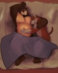  2021 anthro bedding belly blanket canid canine canis dippubear domestic_dog duo embrace eyes_closed hi_res hug humanoid_hands lying male male/male mammal nipples overweight overweight_male sleeping ursid 