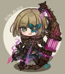  1boy :d bangs beige_background bob_cut bow_(weapon) brown_footwear brown_gloves brown_hair brown_hood bug butterfly chibi chiroru_(tyrol009) closed_mouth full_body gloves green_butterfly green_eyes gretel_(sinoalice) hansel_(sinoalice) holding holding_bow_(weapon) holding_weapon long_sleeves looking_at_viewer open_mouth simple_background sinoalice smile solo weapon 
