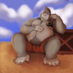  2021 anthro ape belly bottomwear clothing cloud dippubear gorilla haplorhine hi_res male mammal moobs nipples outside overweight overweight_male primate scar shorts sitting solo tattoo 