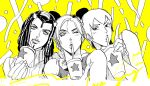  3girls braid double_bun drink drinking ermes_costello foo_fighters hair_cones hairlocs halftone highres jojo_no_kimyou_na_bouken kujo_jolyne looking_at_viewer monochrome multiple_girls nitako one_eye_closed stone_ocean 