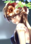  1girl 2ch aro_(charged_time_out) bare_shoulders brown_eyes brown_hair closed_mouth dappled_sunlight face flower gotou_maki hair_flower hair_ornament long_hair looking_back original photo-referenced real_life smile solo sunlight third-party_source upper_body 