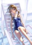  1girl 2ch aro_(charged_time_out) bare_legs bare_shoulders blue_eyes breasts brown_hair covered_nipples looking_at_viewer lying on_back one-piece_swimsuit original parted_lips photo-referenced small_breasts smile solo swimsuit third-party_source twintails 