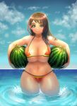  1girl artist_name ass_visible_through_thighs bikini blue_sky breasts brown_hair cleavage cloud collarbone commentary_request dated day eyelashes food food_print fruit green_eyes highres holding holding_food huge_breasts katoyo85 long_hair looking_at_viewer mole mole_under_mouth navel nipples original outdoors print_bikini shiny shiny_hair side-tie_bikini sky solo standing stomach swimsuit thighs wading water watermelon watermelon_print wet 