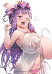 1girl absurdres arm_up babydoll bow breasts commentary_request cowboy_shot hair_bow hat highres huge_breasts kntrs_(knyrs) long_hair mob_cap navel one_eye_closed open_mouth out-of-frame_censoring panties patchouli_knowledge pink_panties purple_eyes purple_hair simple_background solo stretch touhou underwear uvula wardrobe_malfunction white_background yawning 