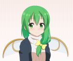  1girl alternate_costume bangs bow cato_(monocatienus) commentary_request daiyousei eyebrows_visible_through_hair fairy_wings green_eyes green_hair hair_between_eyes hair_bow hair_over_shoulder long_hair looking_at_viewer ribbed_sweater simple_background smile solo split_mouth sweater touhou turtleneck turtleneck_sweater upper_body wings yellow_bow 