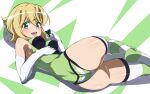  1girl absurdres akatsuki_kirika ass blonde_hair breasts covered_nipples elbow_gloves from_behind gloves green_eyes green_leotard hair_ornament highres leotard looking_at_viewer looking_back lying medium_breasts on_side open_mouth senki_zesshou_symphogear shiny shiny_hair shiny_skin short_hair shou937 smile solo striped striped_legwear teeth thighhighs x_hair_ornament 