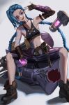  1girl :d arcane:_league_of_legends arcane_jinx arm_tattoo armpits asymmetrical_bangs bangs bare_shoulders blue_eyes blue_hair braid breasts brown_footwear closed_mouth cloud_tattoo crop_top explosive fingerless_gloves gatling_gun gloves grenade heterochromia highres holding holding_grenade jinx_(league_of_legends) league_of_legends legs_apart long_hair looking_at_viewer minigun navel nnn_(nonightnomad) pants red_eyes shoes shoulder_tattoo small_breasts smile solo stomach striped striped_pants tattoo teeth torn_clothes torn_pants twin_braids upper_teeth weapon 