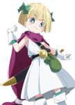  1girl bangs belt black_belt blonde_hair blunt_bangs bow bright_pupils cape closed_mouth dragon_quest dragon_quest_v dress eyebrows_visible_through_hair gloves green_bow hair_bow hero&#039;s_daughter_(dq5) ixy long_hair looking_at_viewer purple_cape short_hair simple_background smile solo sword weapon white_background white_dress white_gloves white_pupils 