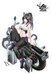  1girl absurdres animal_ear_fluff animal_ears bandeau bare_shoulders black_footwear black_hair black_pants breasts cat_ears cat_tail cleavage commentary_request eugle_na ground_vehicle highres knee_up large_breasts long_hair midriff motor_vehicle motorcycle navel original pants parted_lips ponytail pouch shoes sidelocks simple_background sitting solo stomach sunglasses tail white_background wrench 