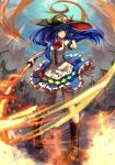  1girl arm_up bangs belt black_belt black_headwear blue_hair blue_skirt blush boots bow bowtie brown_footwear buckle buttons center_frills closed_mouth eyebrows_visible_through_hair flaming_sword flaming_weapon food frills fruit fruit_hat_ornament full_body hand_on_hip hand_on_own_face highres hinanawi_tenshi holding holding_sword holding_weapon knee_boots leaf long_hair looking_at_viewer peach peach_hat_ornament pigeon-toed puffy_short_sleeves puffy_sleeves rainbow_order red_bow red_bowtie red_eyes red_neckwear red_ribbon ribbon rope short_sleeves skirt smile solo standing star_(symbol) sword sword_of_hisou tassel teo_(telo_ruka) touhou weapon wing_collar 