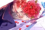  1boy akashi_seijuurou blue_coat bouquet coat flower grey_shirt heterochromia kuroko_no_basuke long_sleeves looking_at_viewer male_focus petals red_eyes red_hair ribbon rose sakuramochi1003 shirt short_hair smile solo yellow_eyes 