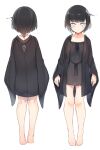  1girl barefoot black_dress black_hair blue_eyes closed_mouth collarbone dress from_behind full_body highres looking_at_viewer original otokuyou short_hair simple_background solo standing toes white_background 