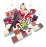  1girl bangs black_footwear book boots breasts brown_hair card checkered_floor cleavage coat crown glasses gloves hair_over_one_eye highres honkai_(series) honkai_impact_3rd jing_dian_da_mo_dao long_sleeves looking_at_viewer on_floor playing_card purple_eyes red_coat rita_rossweisse rita_rossweisse_(umbral_rose) short_hair simple_background sitting smile solo thigh_boots thighhighs tile_floor tiles white_background white_gloves 