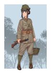  1girl absurdres arisaka bolt_action brown_hair gun headwear_removed helmet helmet_removed highres holding holding_helmet holding_weapon imperial_japanese_army japan load_bearing_equipment military military_uniform rifle ryuukihei_rentai simple_background solo uniform weapon world_war_ii 