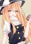  1girl bangs black_headwear black_vest blonde_hair blush bow breasts buttons commentary_request eyebrows_visible_through_hair eyelashes grey_background hair_between_eyes hat hat_bow hat_ribbon highres holding kirisame_marisa korira long_hair looking_at_viewer mini-hakkero open_mouth outside_border puffy_short_sleeves puffy_sleeves ribbon shirt short_sleeves sidelocks signature simple_background small_breasts solo standing touhou turtleneck vest white_bow white_ribbon white_shirt witch_hat 