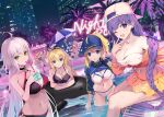  6+girls ahoge artoria_pendragon_(fate) baseball_cap bb_(fate) bb_(swimsuit_mooncancer)_(fate) bikini braid breasts chair cup disposable_cup drinking_straw fate/grand_order fate_(series) hairband hat horns ibaraki_douji_(fate) ibaraki_douji_(swimsuit_lancer)_(fate) inflatable_orca inflatable_toy jeanne_d&#039;arc_(alter_swimsuit_berserker)_(fate) jeanne_d&#039;arc_(fate) jeanne_d&#039;arc_(swimsuit_archer)_(fate) large_breasts long_hair lounge_chair medb_(fate) medb_(swimsuit_saber)_(fate) mocha_(mokaapolka) multiple_girls mysterious_heroine_xx_(fate) neon_lights night one_eye_closed palm_tree parasol ponytail pool smile swimsuit tree umbrella ushiwakamaru_(fate) ushiwakamaru_(swimsuit_assassin)_(fate) wet 