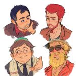  4boys beard black_hair blonde_hair brown_hair closed_eyes eric_cartman facial_hair formal glasses hat hawaiian_shirt kenny_mccormick kyle_broflovski multiple_boys older print_shirt red_eyes shawl shirt short_hair smile south_park south_park:_post_covid spoilers stan_marsh suit sunglasses yamaka 