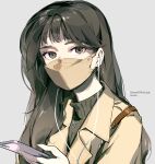  1girl brown_eyes cellphone copyright_name earphones highres holding holding_phone jacket jewelry long_hair looking_at_viewer mask necklace office_lady_taiwan phone simple_background solo sweater tennohi turtleneck turtleneck_sweater upper_body 