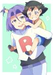  2boys 51487 absurdres age_regression ash_ketchum blue_hair carrying chibi embarrassed green_eyes highres hug hug_from_behind james_(pokemon) male_focus multiple_boys piggyback pokemon pokemon_(anime) pokemon_(creature) team_rocket younger 