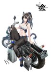  1girl animal_ear_fluff animal_ears bandeau bare_shoulders black_footwear black_hair black_pants breasts cat_ears cat_tail cleavage commentary_request eugle_na ground_vehicle highres knee_up large_breasts long_hair looking_at_viewer midriff motor_vehicle motorcycle navel original pants parted_lips ponytail pouch shoes sidelocks simple_background sitting solo stomach tail white_background wrench yellow_eyes 